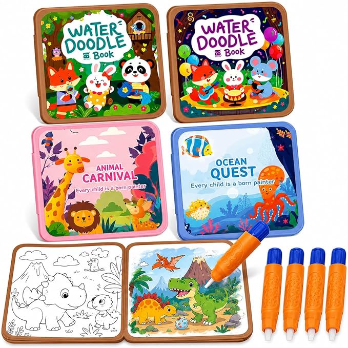 Water Painting Book for Kids 4 Pack - Reusable Magic Water Coloring Books with 36 Pages & 4 Water Pens, Mess-Free Art Activity Toys for Toddlers Ages 3-5, Educational Travel Toys Gift for Boys Girls