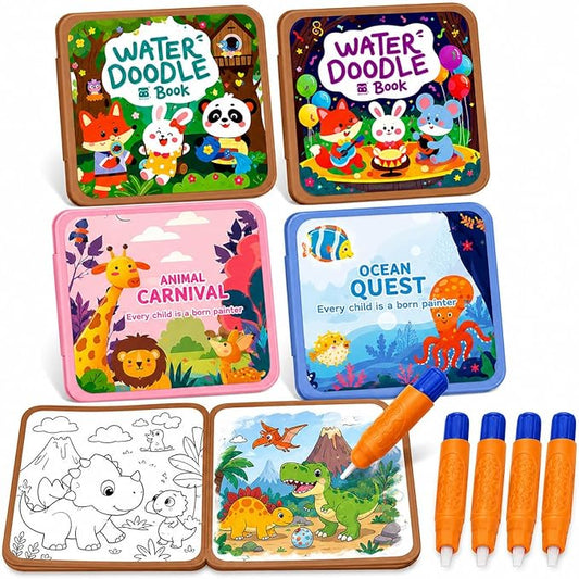 Water Painting Book for Kids 4 Pack - Reusable Magic Water Coloring Books with 36 Pages & 4 Water Pens, Mess-Free Art Activity Toys for Toddlers Ages 3-5, Educational Travel Toys Gift for Boys Girls