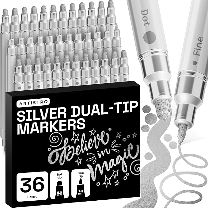 ARTISTRO 36 Silver Dual-Tip Acrylic Paint Markers – Paint Pens Set with Dot & Fine Tips for Fabric, Rock, Glass, Wood, Coloring Books – Arts & Crafts Gift – Classroom Must Haves & School Supplies