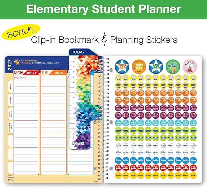 Global Datebooks 2026-2027 Elementary Student Planner 8.5" x 11" - Dated Weekly & Monthly Academic Planner with Ruler/Bookmark & Stickers, Ideal for Homework, Matrix Style, Earth
