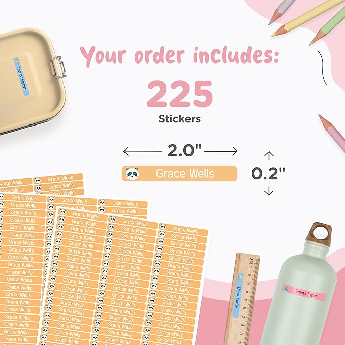 StiKiddo® Personalized Kids Name Labels for Pencils Orange [225pcs] - Name Stickers for School & Daycare - Pencil Waterproof Name Stickers - Children Name Stick On Labels for Pens (2.0”x0.3”)