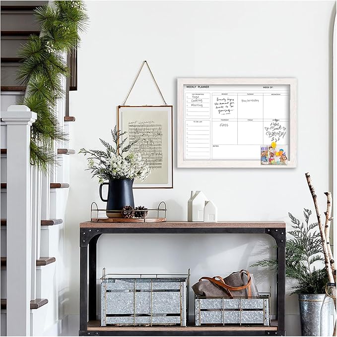 White Board Weekly Calendar Dry Erase Planner for Wall-16"X12",White Solid Wood Frame,Minimal/Modern Design, Magnetic Whiteboard Planner for to Do List, Memo, School, Home, Office, Kitchen