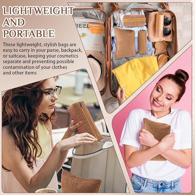 Huhumy 3 Pcs Makeup Bag Set for Women Corduroy Cosmetic Pouch Aesthetic Smile Travel Toiletry Bag Cute Purse Pouch Pencil Case Makeup Brushes Storage Organizer with Zipper(Brown,Solid Style)