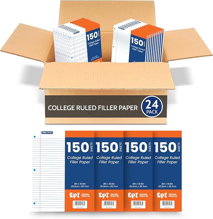 EPI Filler Paper | College Ruled | Loose Leaf, 3-Hole Punched, 10.5 x 8 in, 150 Sheets | School, Office, Notes, Binder Refill - 24 Pack