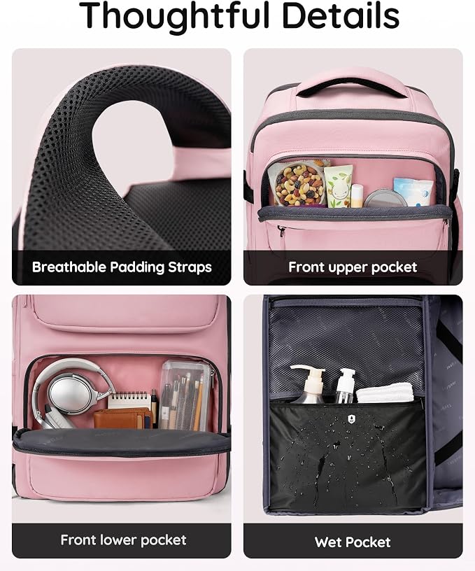 Taygeer Travel Backpack for Women, Travel Personal Item Bag with Shoe Pouch | TSA Approved Under Seat Carry on Backpack with Water Bottle Pocket Fits 15.6inch Laptop, Travel Essentials for Airplanes,Pink
