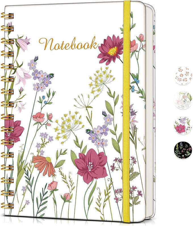 Lined Spiral Journal Notebook for Women, A5 Cute Hardcover Spiral Journals for Work, Note Taking, 150 Numbered Pages 100 GSM College Ruled Spiral Bound Notebook, 5.75" x 8.38", Ivory Wild Flowers