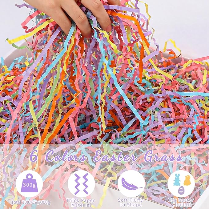 woric Easter Grass Basket Filler, 10.6oz(300g) 6 colors Crinkle Cut Paper Shred Filler with Colorful Easter Confetti for Gift Baskets Egg Hunt Gift Wrapping DIY Crafts Decoration