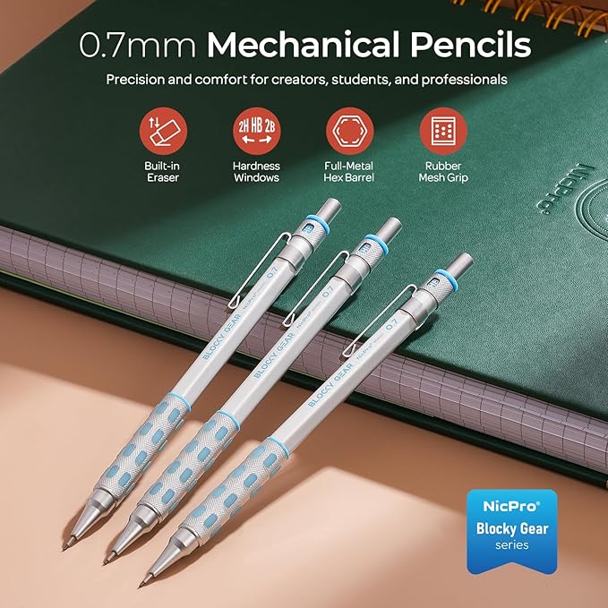 Nicpro Blocky Gear Mechanical Pencils 0.7 mm with Case, 3 Pack Drafting Pencil with 8 Tube (480PCS) Lead Refills(HB 2B), 4 Erasers, 18 Eraser Refills for Art Writing, Sketching Drawing