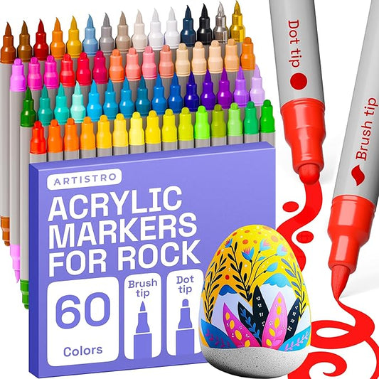 ARTISTRO 60 Rock Acrylic Paint Markers - Rock Painting Kit for Arts & Crafts - Dual Tip Acrylic Paint Pens