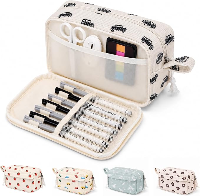 Big Capacity Pencil case,Soft Corduroy Pencil Bag with 3 Compartment,Pencil Pouch School Supplies Cute Pencil Box Pencil Bag for Teen Girls Boys College (Black Car)