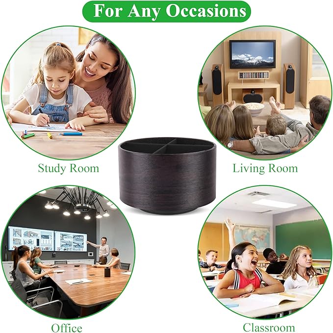 Round Leather Art Supply Organizer,Remote Control Holder,360 Degree Spinning,Multi-Functional Pencil Holder,4 Compartments Desktop Stationary Organizer(1-Dark Brown2)