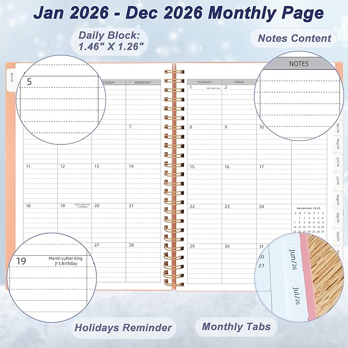 Day Planner 2026, Weekly and Monthly Planner 2026, Jan 2026-Dec 2026, 6.2" x 8.4", Calendar Daily Planner with Tabs & Pocket, 100GSM Thick Paper, Pink