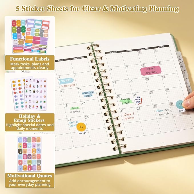 JoyCat 13-Month Academic Planner 2026-2027, June 2026 - June 2027, A5 Weekly & Monthly Planner, Hardcover Agenda with Tabs, 5 Sticker Sheets, Elastic Closure & Pocket for Teachers & Students, 6.3" x 8.5", Green