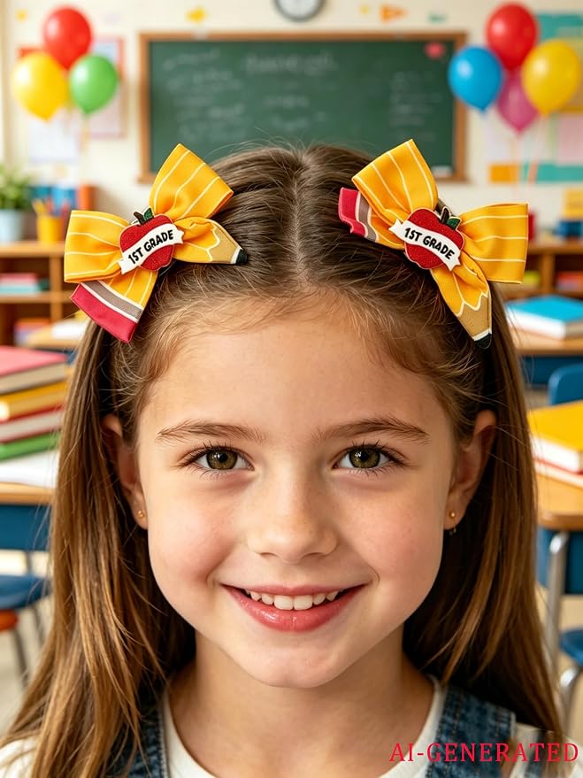 1ST Grade Back to School Supplies, 1ST Grade Back to School Hair Clips for Girls, Pencil Hair Clips Cute Yellow Hair Bows Hair Accessories for Girls First Grade First Day of School Gifts- 2Pcs