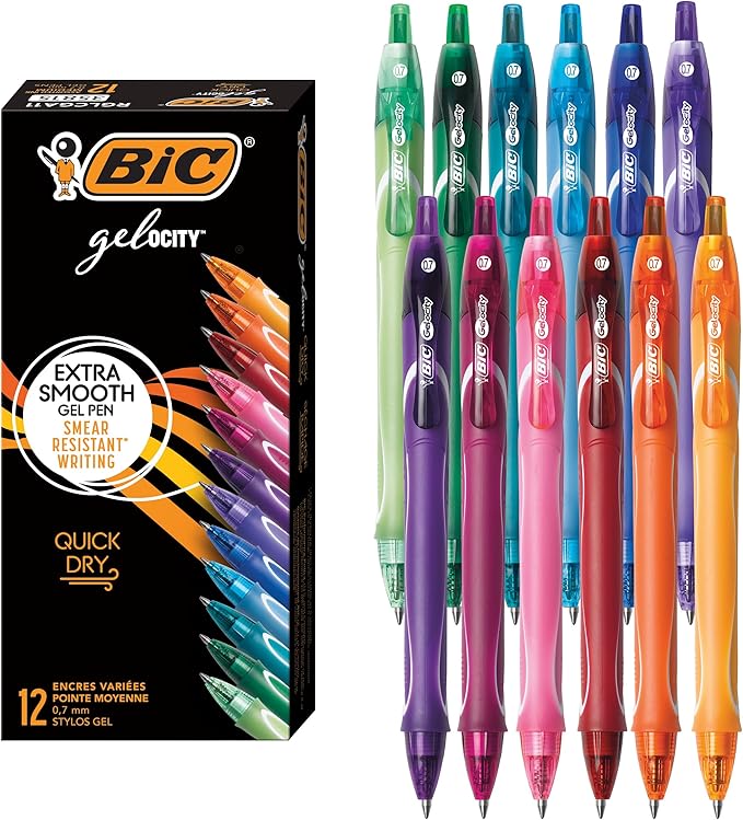 BIC Gelocity Quick Dry Assorted Colors Gel Pens, Medium Point (0.7mm), 12-Count Pack, Retractable Gel Pens With Comfortable Full Grip