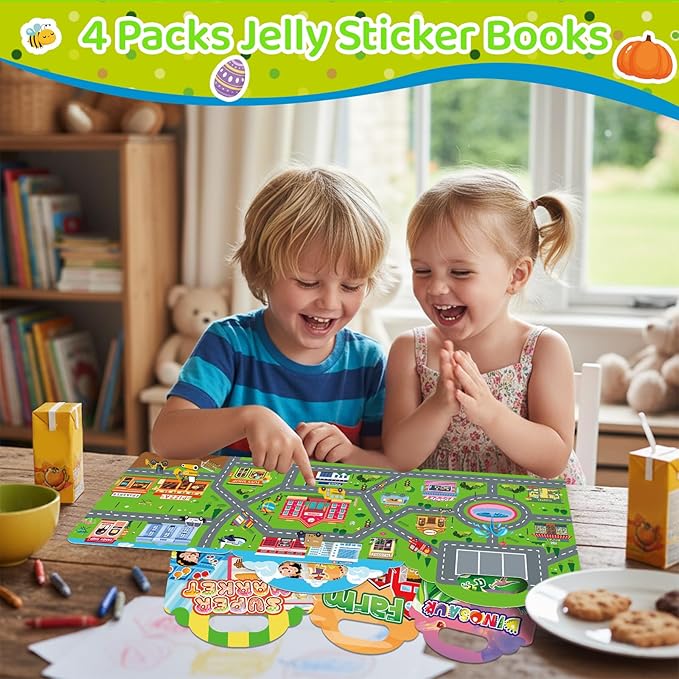 Jelly Sticker Books for Toddlers 2-4 Years, 4 Sets Reusable Sticker Books for Toddlers 1-3, Travel Toys Stickers Activity Book for Ages 2 3 4 5 6 Boy Girl Birthday Gifts (4Sets-Collection 2)