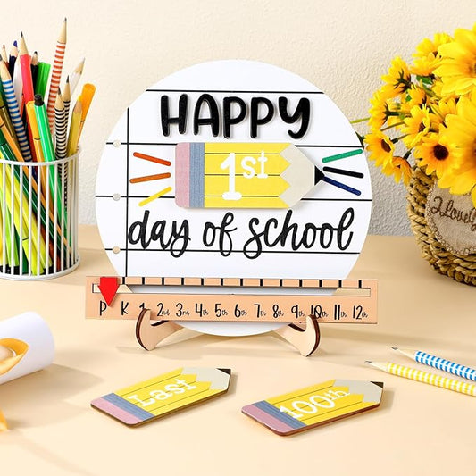 Kosiz Pencil First and Last Day of School Sign Back to School Board Gifts Round Wooden First Day of Sign Reusable Dry Erase 8''