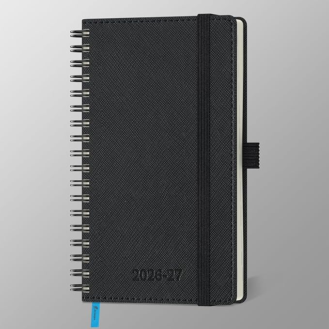 Planner 2026-2027 Daily Weekly and Monthly,6.5"x3.75",18 Months Spiral Bound Calendar Agenda with Self-adhesive Pen Holder,2026 Academic Plan with Vegan Leather Soft Cover,Black