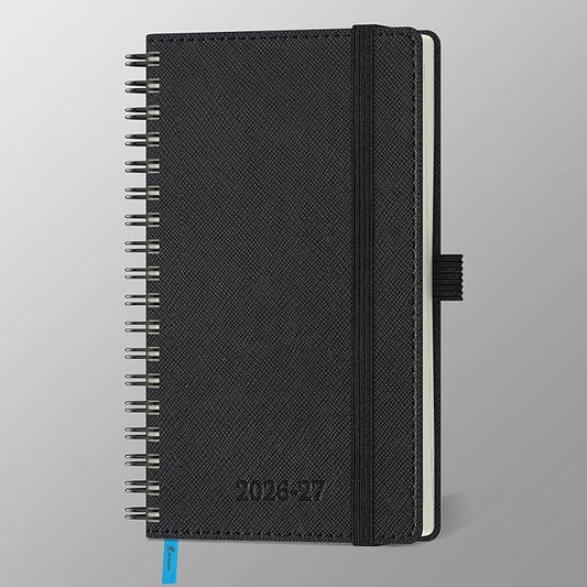 Planner 2026-2027 Daily Weekly and Monthly,6.5"x3.75",18 Months Spiral Bound Calendar Agenda with Self-adhesive Pen Holder,2026 Academic Plan with Vegan Leather Soft Cover,Black