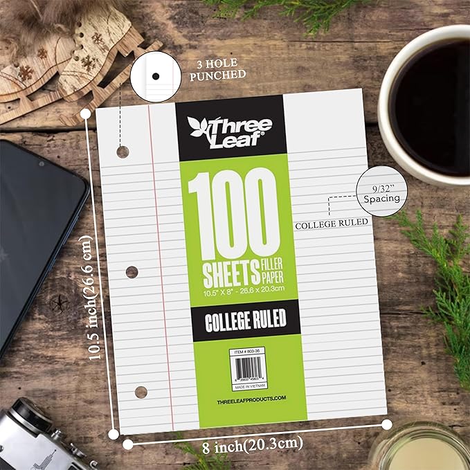 THREE LEAF 100 SHEETS COLLEGE RULED FILLER PAPER, PACK OF 36, LOOSE-LEAF SHEETS FOR SCHOOL AND OFFICE 100 CT. FILLER PAPER, NOTEBOOK PAPER