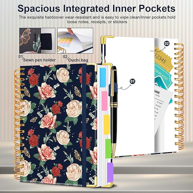 Spiral Journal Notebooks for Work, 300 Pages 5 Subject Notebook College Ruled with Dividers & Tabs, 8''x 10'' Large Notebook Journal for Women Students Note-Taking and Organizer (Velvet Bloom)