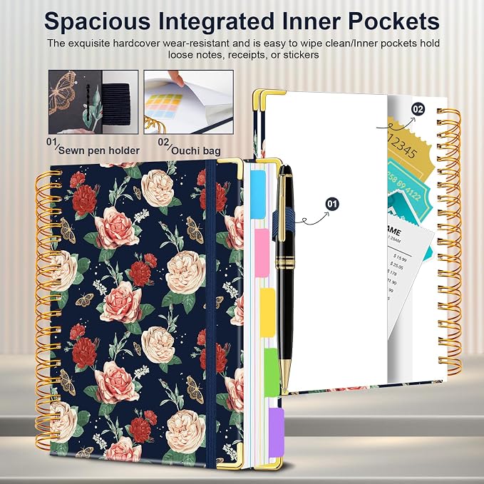 Spiral Journal Notebooks for Work, 300 Pages 5 Subject Notebook College Ruled with Dividers & Tabs, A4 Notebook Journal for Women Students Note-Taking and Organizer (Velvet Bloom)
