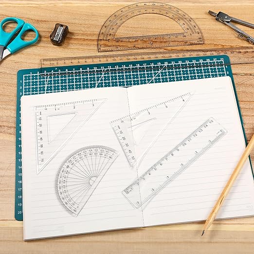 Tenare 18 Pcs Plastic Clear Math Set Includes Protractor Triangle Rulers 12 Inch 6 Inch Straight Geometry Math Transparent Ruler Measuring Tool for Office Home Supplies