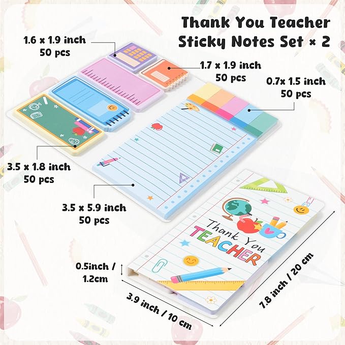 B1ykin Thank You Teacher Sticky Notes Set - Composition Line Teacher Self-Stick Notes Pad, 550 Sheets Writing Memo Pages Sticky Notepad for Teacher Appreciation Gifts, School Office Supplies (2Pcs)