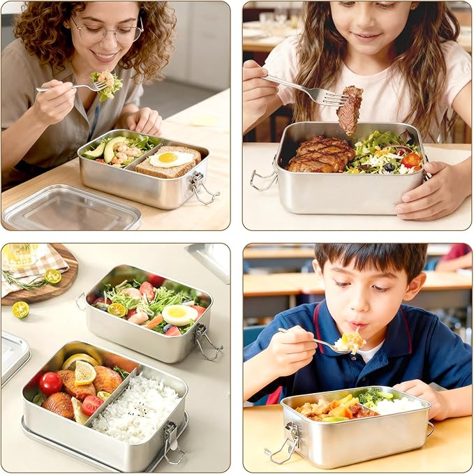 Stainless Steel Lunch Box, 28oz/850ml Metal Bento Box with Removable Dividers, Reusable Food Storage Containers with Lids Leak Proof for Travel, Work, Picnic, Home