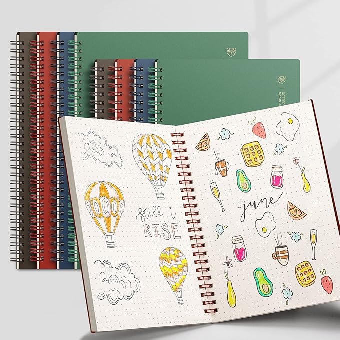 EMSHOI Dotted Journal Spiral Notebook 5.7" x 8.22" - 4 Pack 640 Pages 100gsm Thick Paper, A5 Dot Grid Notebook, Plastic Hardcover Dotted Notebook for Journaling Writing