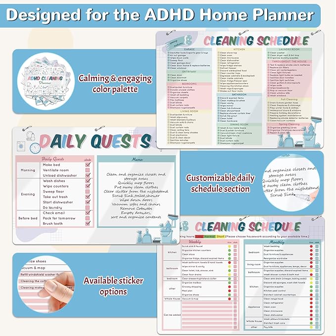 Cleaning Planner for Adults – Low-Overwhelm Reusable Cleaning Schedule and Checklist, Magnetic Visual Chore Chart for Fridge to Build Cleaning Habits ADHD Cleaning and Organizing Planner - 8.3" x 11.7"
