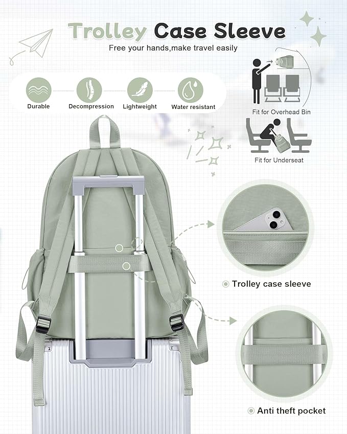 BJLFS Green Cute School Backpack with Laptop Compartment Small Travel Laptop Backpack for Women Men Waterproof College Backpack Simple School Bag for Teens Girls Boys