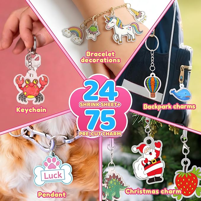 201pcs Shrink Paper Keychain Kit, 24 Blank & 12 Pre-Cut Sheets (75 Patterns) Crafts Kits for Kids Adults, Shrinking Art Activity Set with Hole Punch & Keychain Jewelry Accessories for DIY Crafts