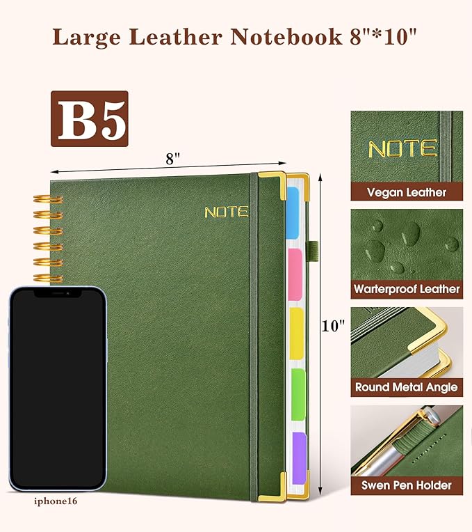 Hardcover Large Spiral Notebook journal with Removable Dividers Tabs, 300 pages Leather 5 Subject Notebook College Ruled, 8" x 10"Journal for Women Men, Notebooks for Work School Note taking,B5 Green