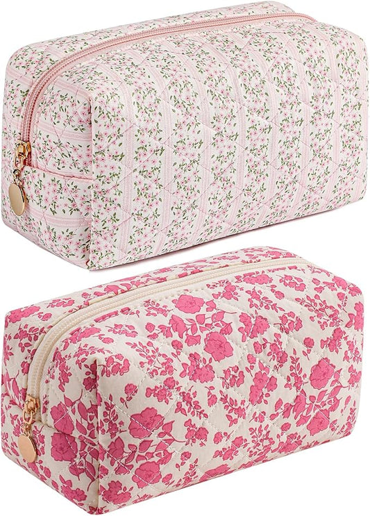 JOVAKIT Square Makeup Bag Cute Cosmetic Bag for Women, Floral Coquette Aesthetic Toiletry Bag, Zipper Make Up Pouch, Travel Make Up Organizer Bag (Pink+Bright Red Floral)