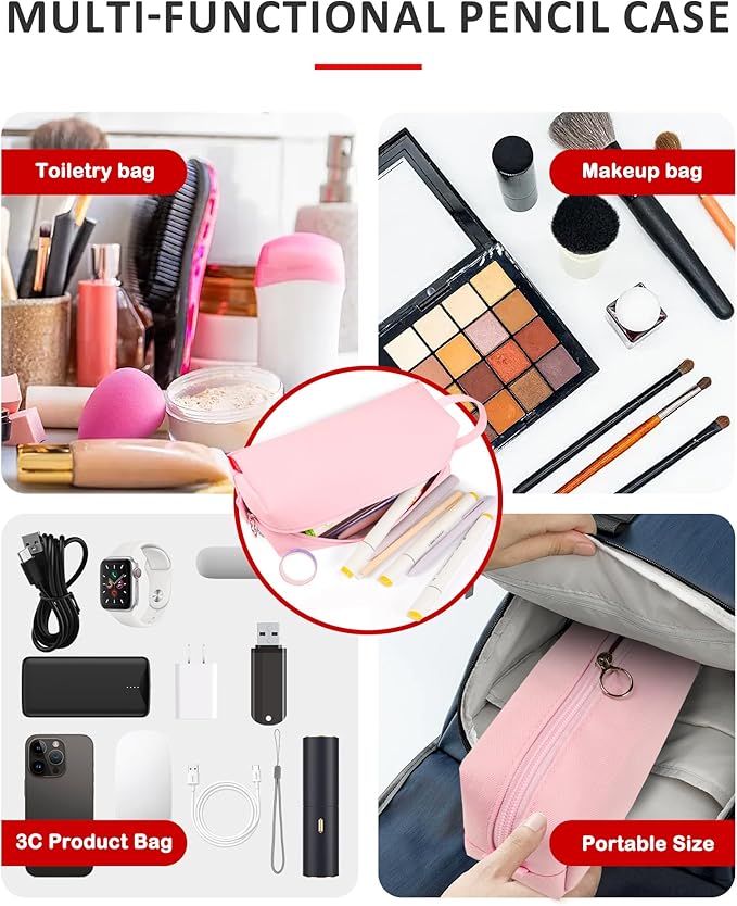 Fmeida Pencil Case Pouch - Water Resistant Pencil Pouch Portable Pencil Bag Simple Office Supplies Stationery Pouch with Handle - Light Pink