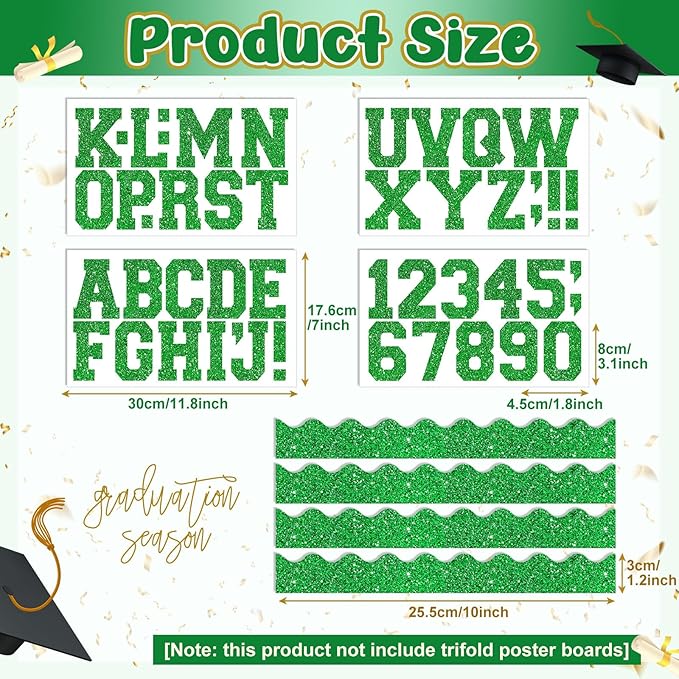 Green 175 Pcs Graduation Photo Display Board Sticker Glitter Border Trim Alphabet Letter Number for 2026 Grad Party Trifold Poster Photo Display Event Displays Bulletin Board