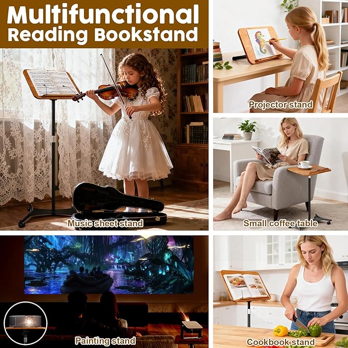 2 in 1 Dual-use Music Stand & Desktop Book Stand, Adjustable Height 16.5"-51", 100% Solid Wood Laptop Floor Stand Book Holder with Elastic Page Clips for Cookbooks, Sheet Music (Brown-Wheeled)