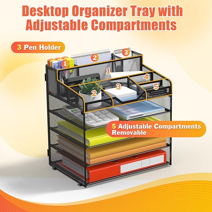 Docnest 5 Tier Mesh Desk Organizer for Paper Office Supplies – Multi-Functional Letter Tray with 5 Adjustable Compartments, 3 Pen Holders, Desktop Storage for Files, Mail, Stationery – Black