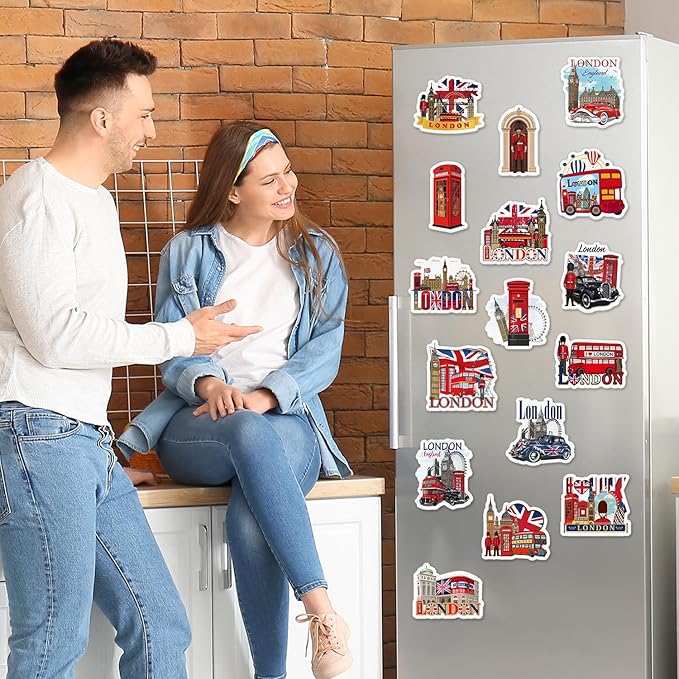 Wxiben London Fridge Magnets Gifts - 16Pcs London Souvenirs Gift City Travel Magnetic Refrigerator United Kingdom Red Phone Box Fridge Magnetic Stickers for Home Kitchen Office Locker Traveler Tourist