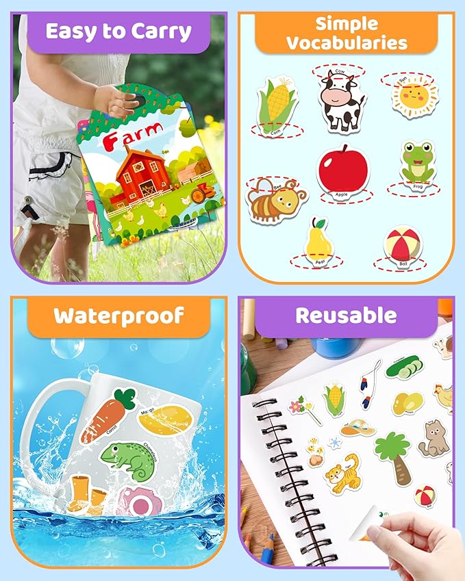 Benresive Reusable Sticker Book for Toddlers, Stickers for Kids, Travel Toys for Arts & Crafts Activities, Birthday Gift for Boys & Girls, Farm, Animal and Season Themes