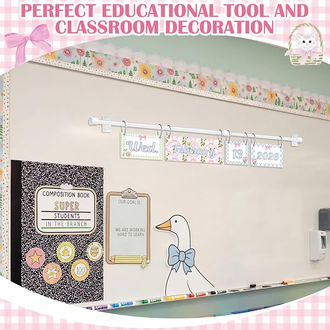 TecUnite Goose Flip Calendar Bulletin Board Decor Set Blue Grandmillennial Adjustable Calendar Holder Includes 2026-2029 Year 54 Cards for Preschool Elementary Classroom Back to School Supplies