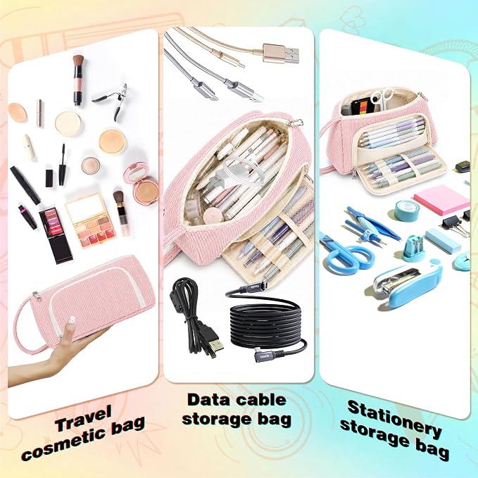 Big Capacity Pencil case,Soft Corduroy Pencil Bag with 3 Compartment Pouch Bag for School Supplies Office for Teen Girls Boys Women Man (PinkN)