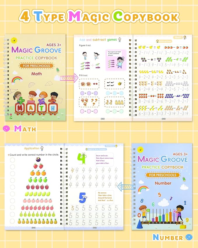 Magic Practice Copybook, Reusable Writing Practice Book, Handwriting Aid for Preschool Kids Age 3-8 (4 Books with Pens)