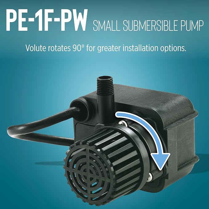 Little Giant PE-1F-PW 115 Volt, 1/125 HP, 170 GPH Submersible Direct Drive Fountain Pump with 15-Ft. Cord, Black, 566608 | 1/125 HP, For Fountains/Hydroponics/Recirculation, Epoxy-coated Aluminum, Manual (no switch), 566608