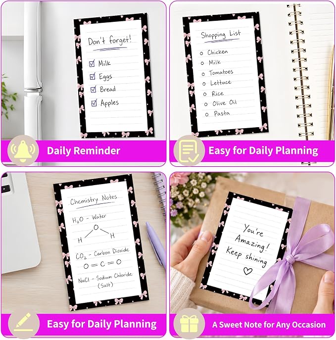 Lined Sticky Notes 4x6 in, 2 Pack Large Cute Notepads with Lines Self-Stick Note Pad, Funny Memo Pads Strong Adhesive for Office, Home Black Cute Pink Bowtie