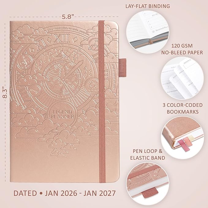 Legend Dated Hourly Weekly Planner 2026 – Daily, Monthly & Yearly Agenda with Time Slots – Hardcover Organizer Journal, 5.8x8.3” (Rose Gold)