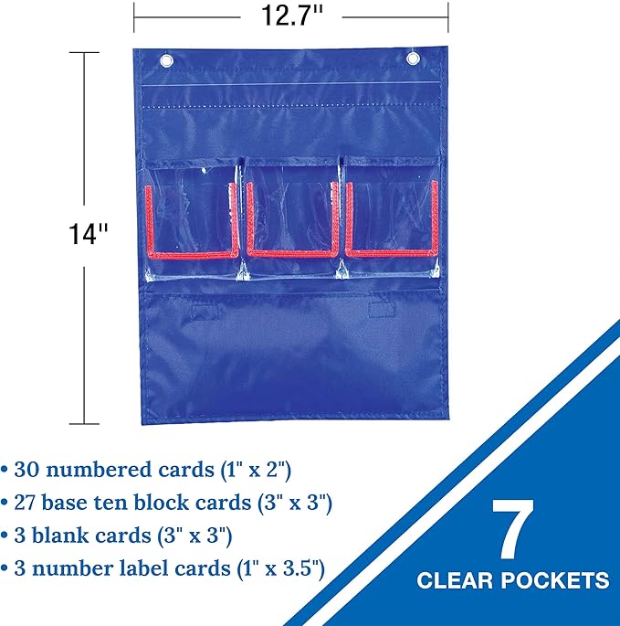 Carson Dellosa 12.75" x 15.25" Blue Deluxe Math Pocket Chart, Counting Caddy with Number, Base Ten, and Blank Cards, Straw Place Value Manipulatives, Homeschool and Classroom Organization