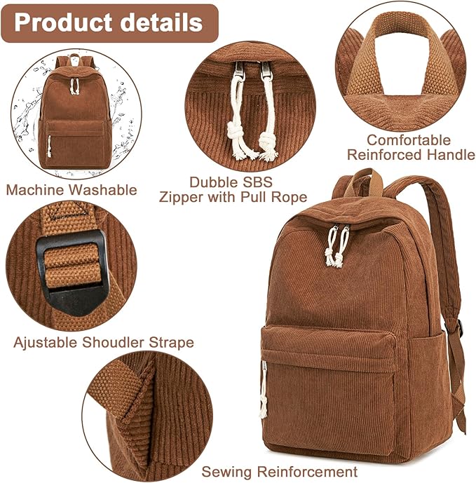 BTOOP School Backpack for Teens Large Corduroy Bookbag Lightweight 15.6 inch Laptop Bag for Girls Women Casual High School College