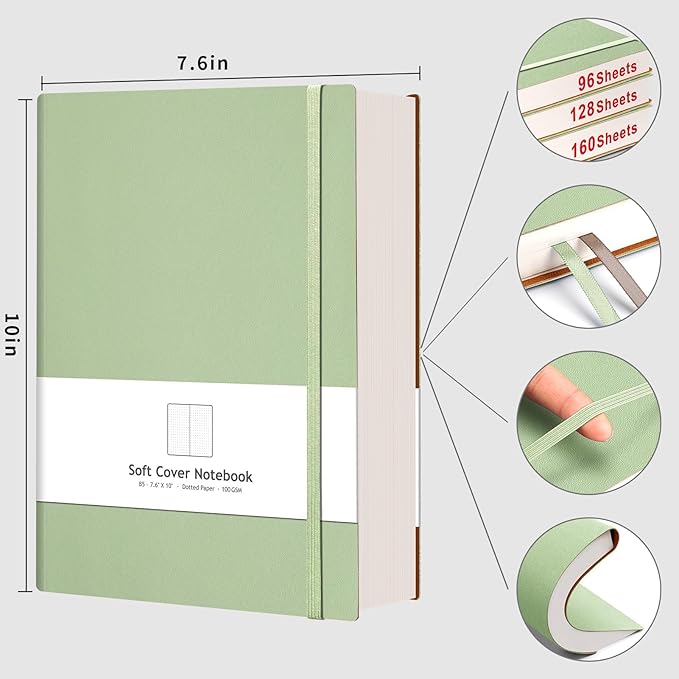AHGXG Dotted Journal - 320 Pages Dot Grid Notebook B5 Large Journal, 100gsm Thick Dotted Paper, Leather Softcover, with Journal Stencils, Inner Pocket, 7.6'' X 10''，Light Green
